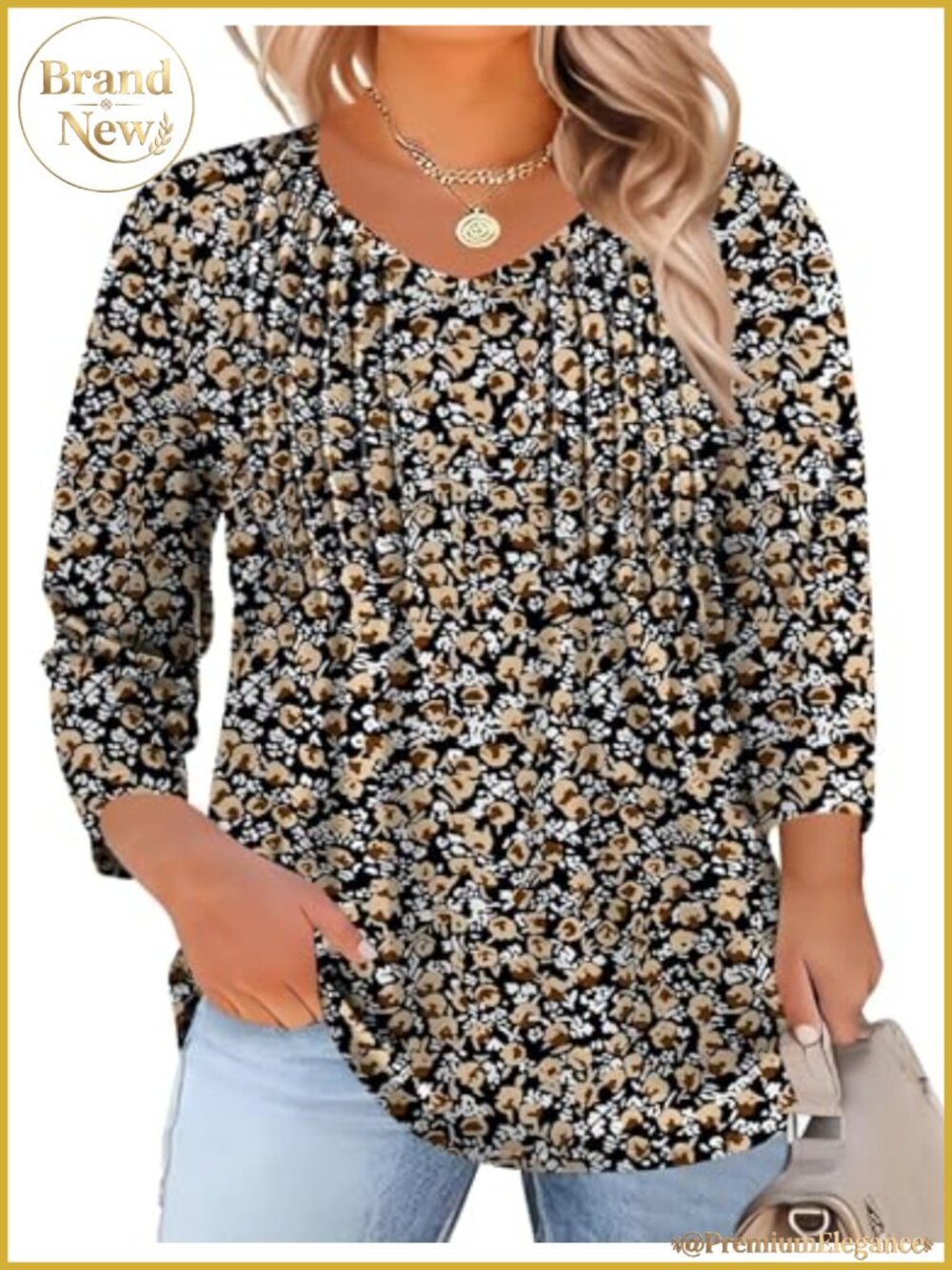 Plus Size 3/4 Sleeve V-Neck Floral Tunic Blouse Dressy Casual Soft Stretch Top